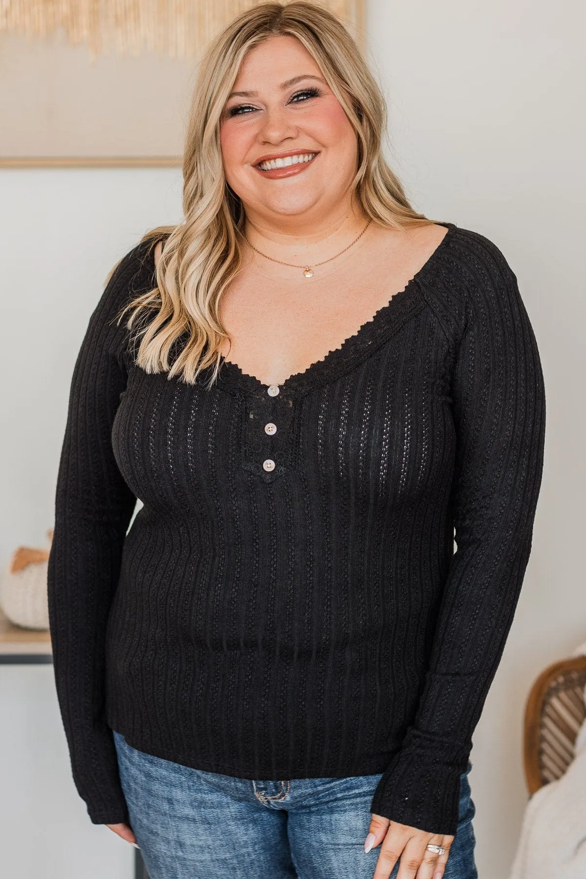 Into Bliss Long Sleeve Knit Top- Black