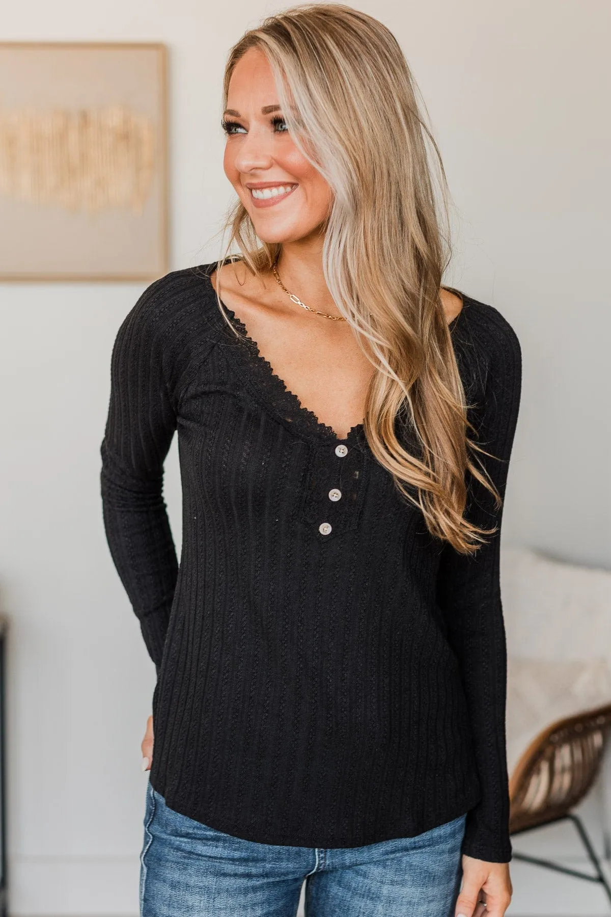Into Bliss Long Sleeve Knit Top- Black