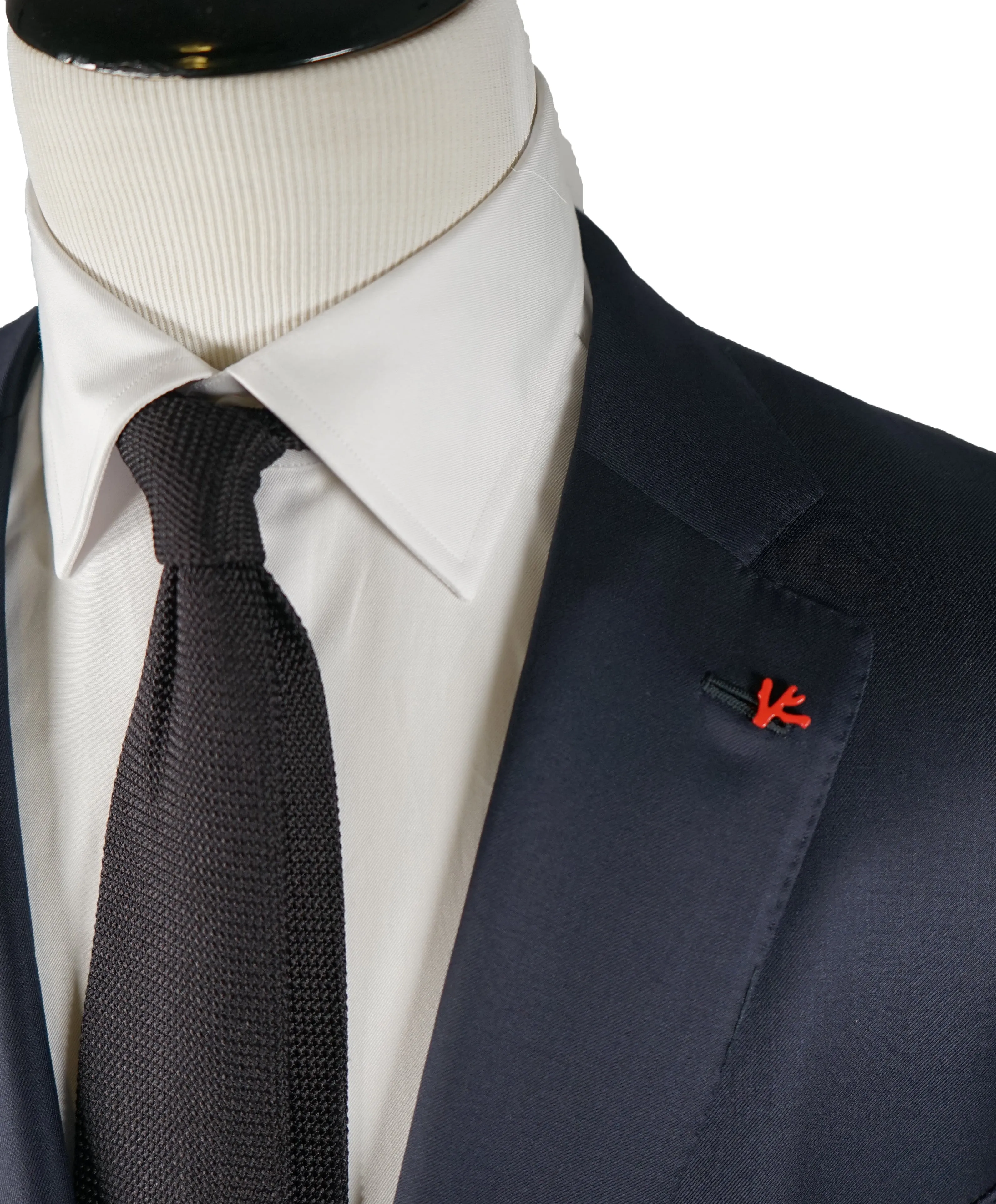 ISAIA - Solid Navy Suit With Logo Detailing & Pin - 50L