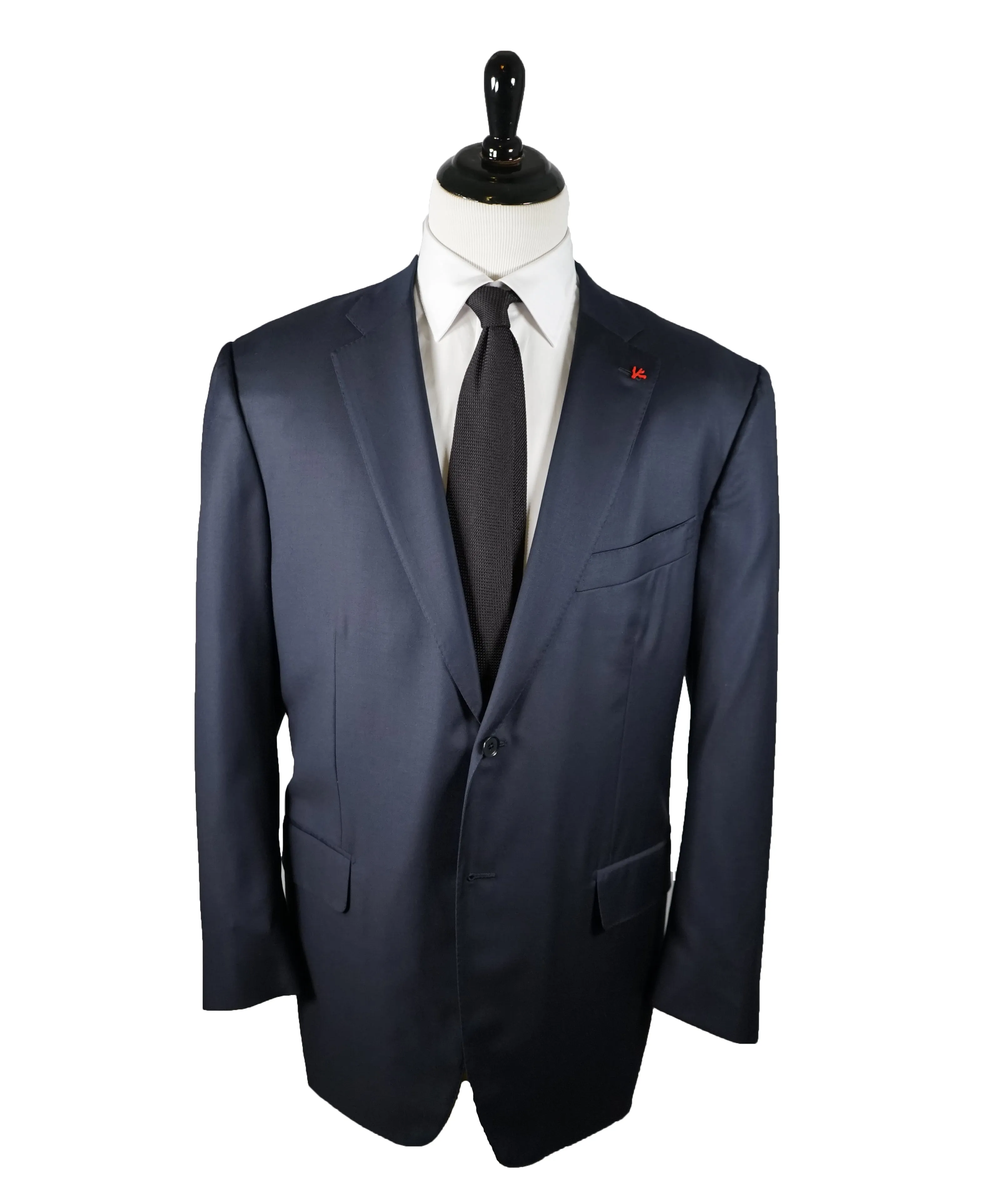 ISAIA - Solid Navy Suit With Logo Detailing & Pin - 50L