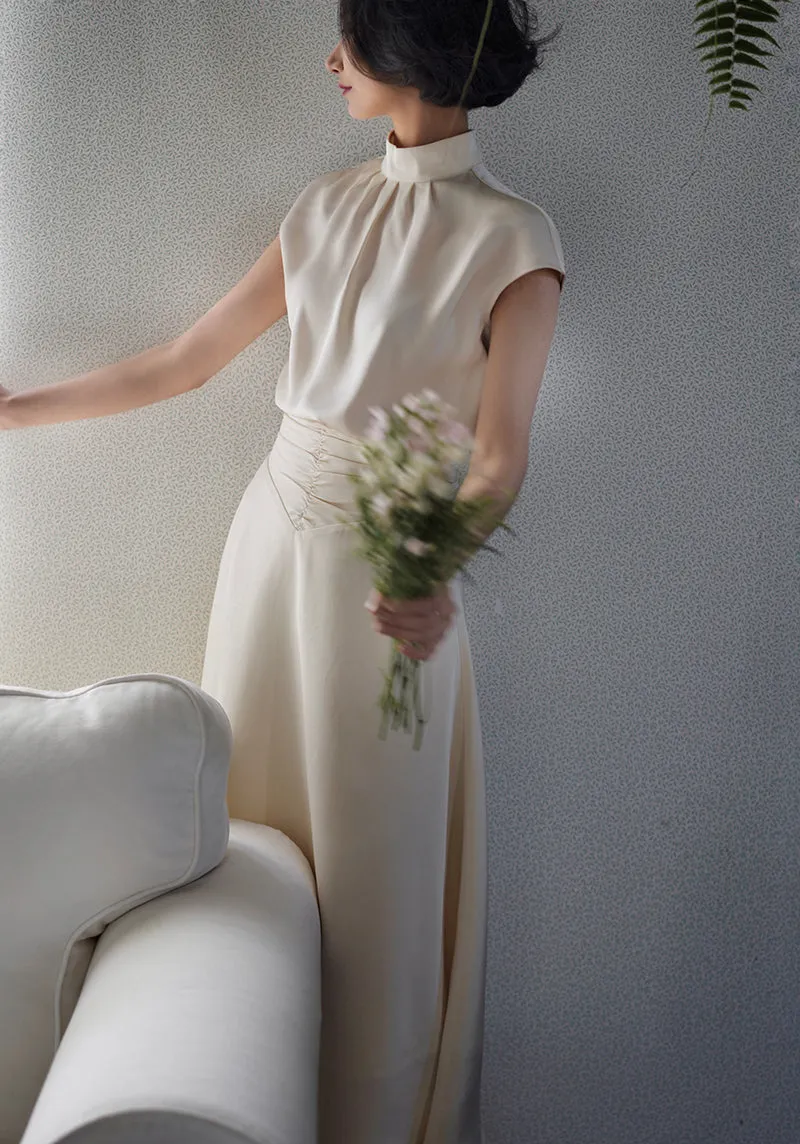 Ivory elegant shiny high neck tops