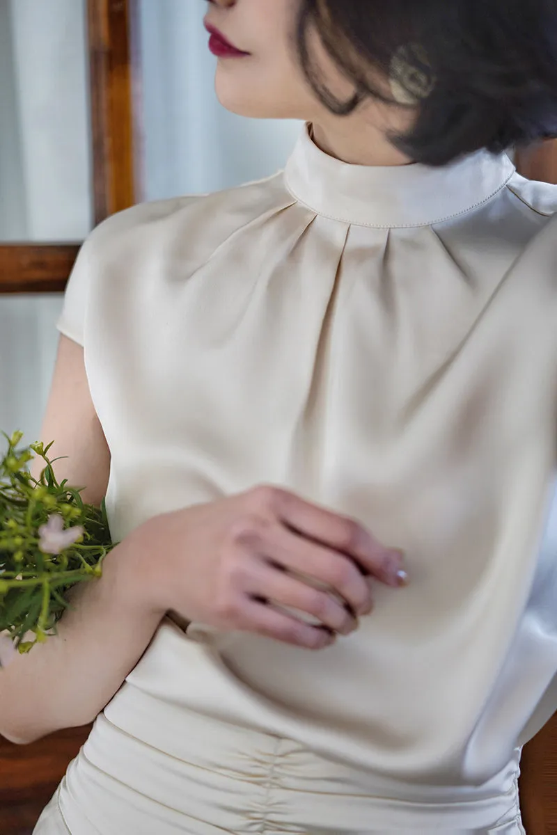 Ivory elegant shiny high neck tops