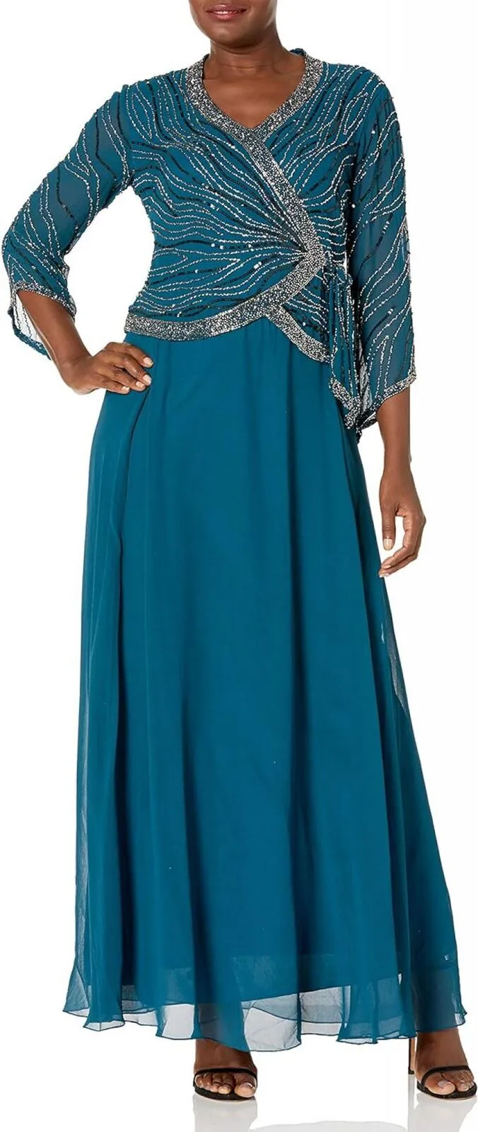 J Kara Womens 3/4 Sleeve V-Neck Beaded Faux Wrap Long Dress Teal Blue / Black  8