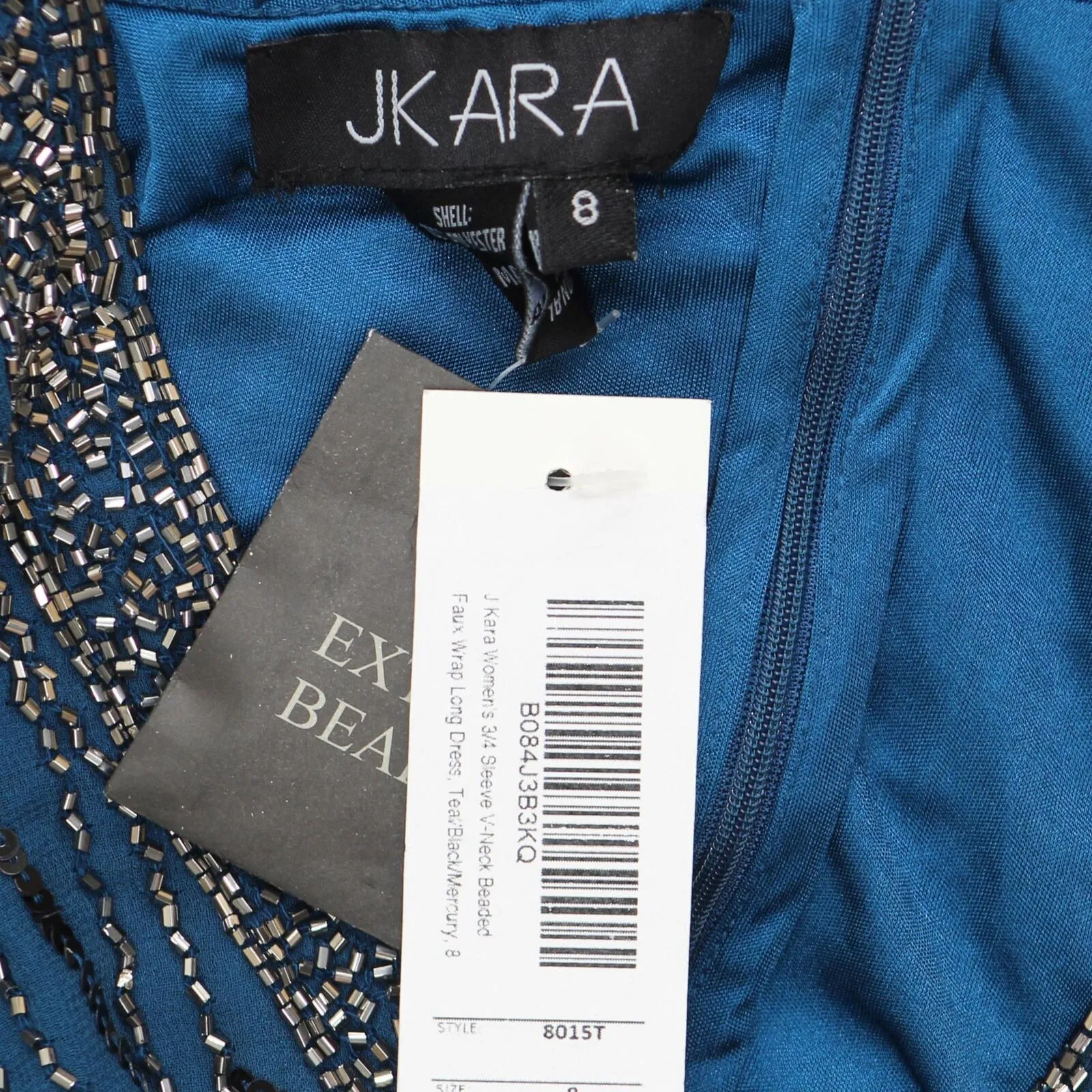 J Kara Womens 3/4 Sleeve V-Neck Beaded Faux Wrap Long Dress Teal Blue / Black  8