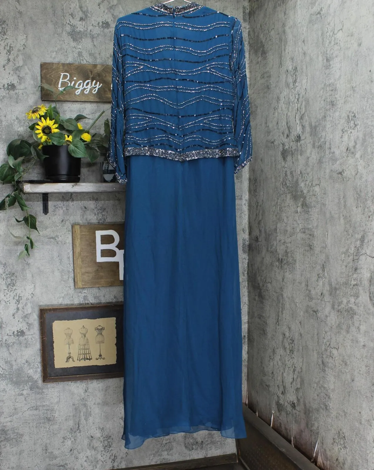 J Kara Womens 3/4 Sleeve V-Neck Beaded Faux Wrap Long Dress Teal Blue / Black  8