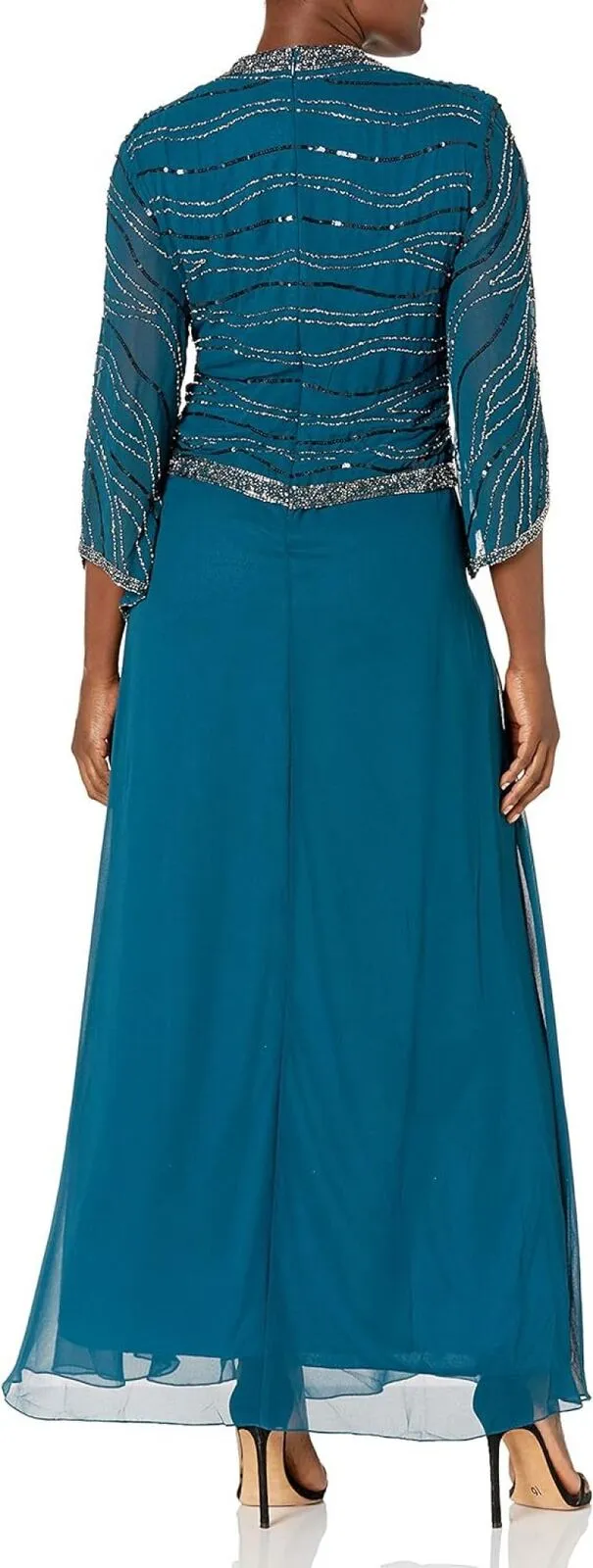 J Kara Womens 3/4 Sleeve V-Neck Beaded Faux Wrap Long Dress Teal Blue / Black  8
