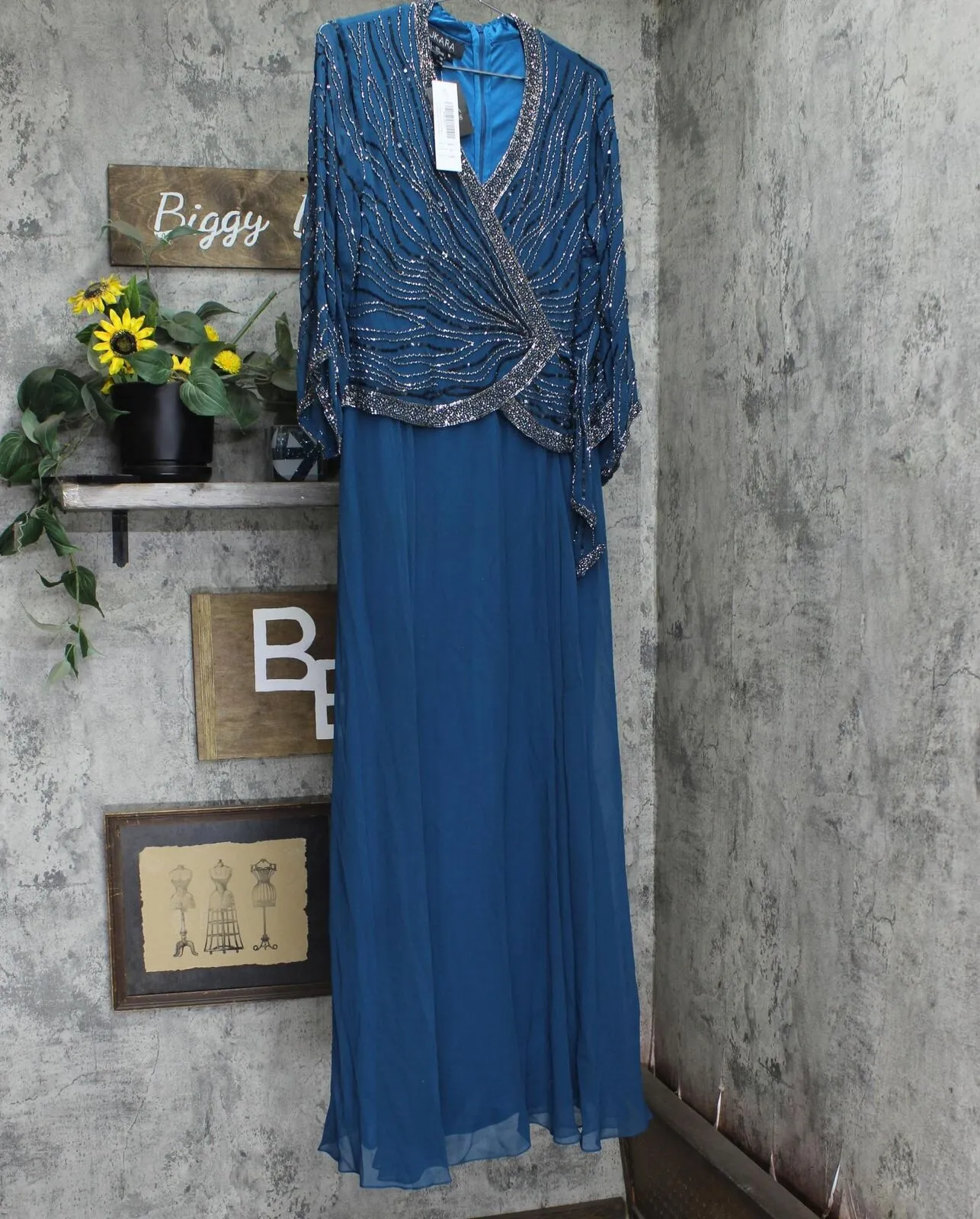 J Kara Womens 3/4 Sleeve V-Neck Beaded Faux Wrap Long Dress Teal Blue / Black  8