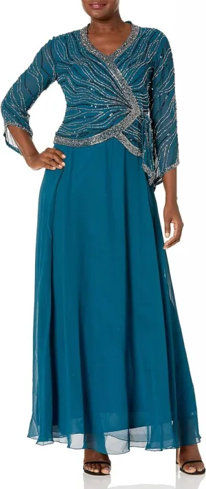 J Kara Womens 3/4 Sleeve V-Neck Beaded Faux Wrap Long Dress Teal Blue / Black  8