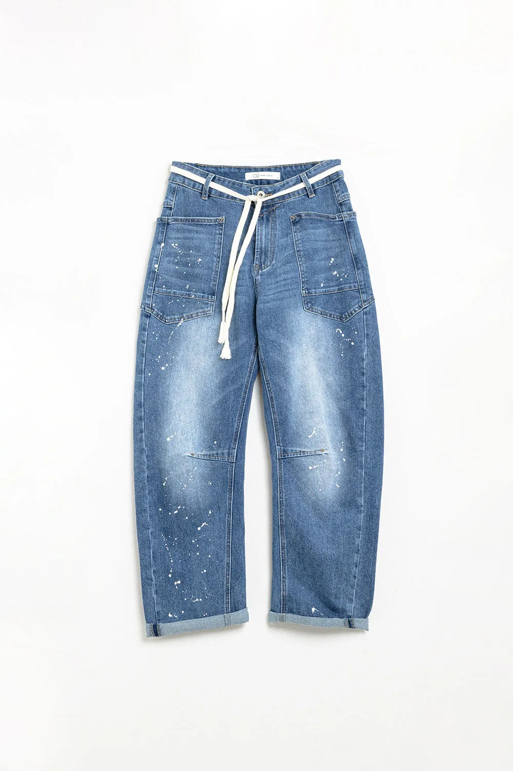 jeans with balloon legs and paint stains
