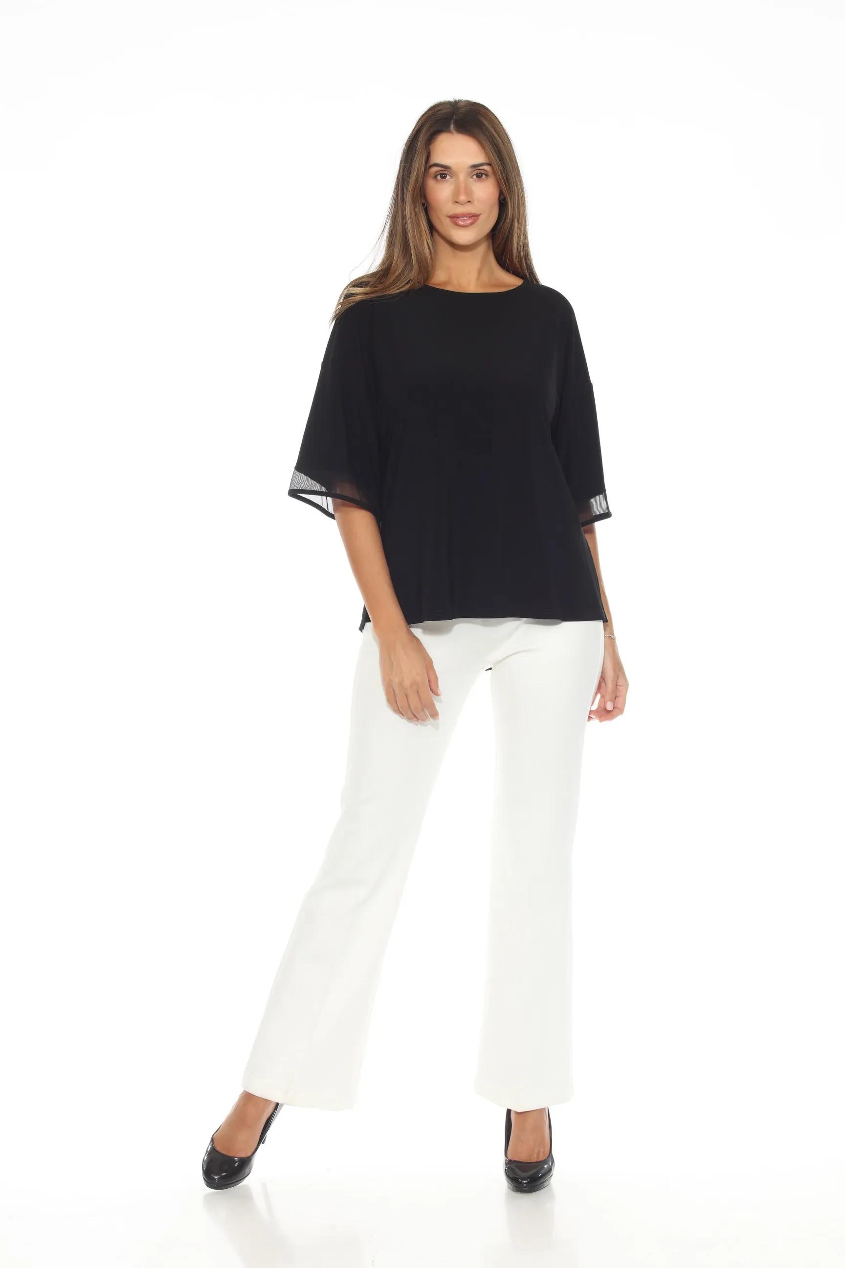 Joseph Ribkoff Black Sheer Sleeve Insert Crew Neck Top 244109