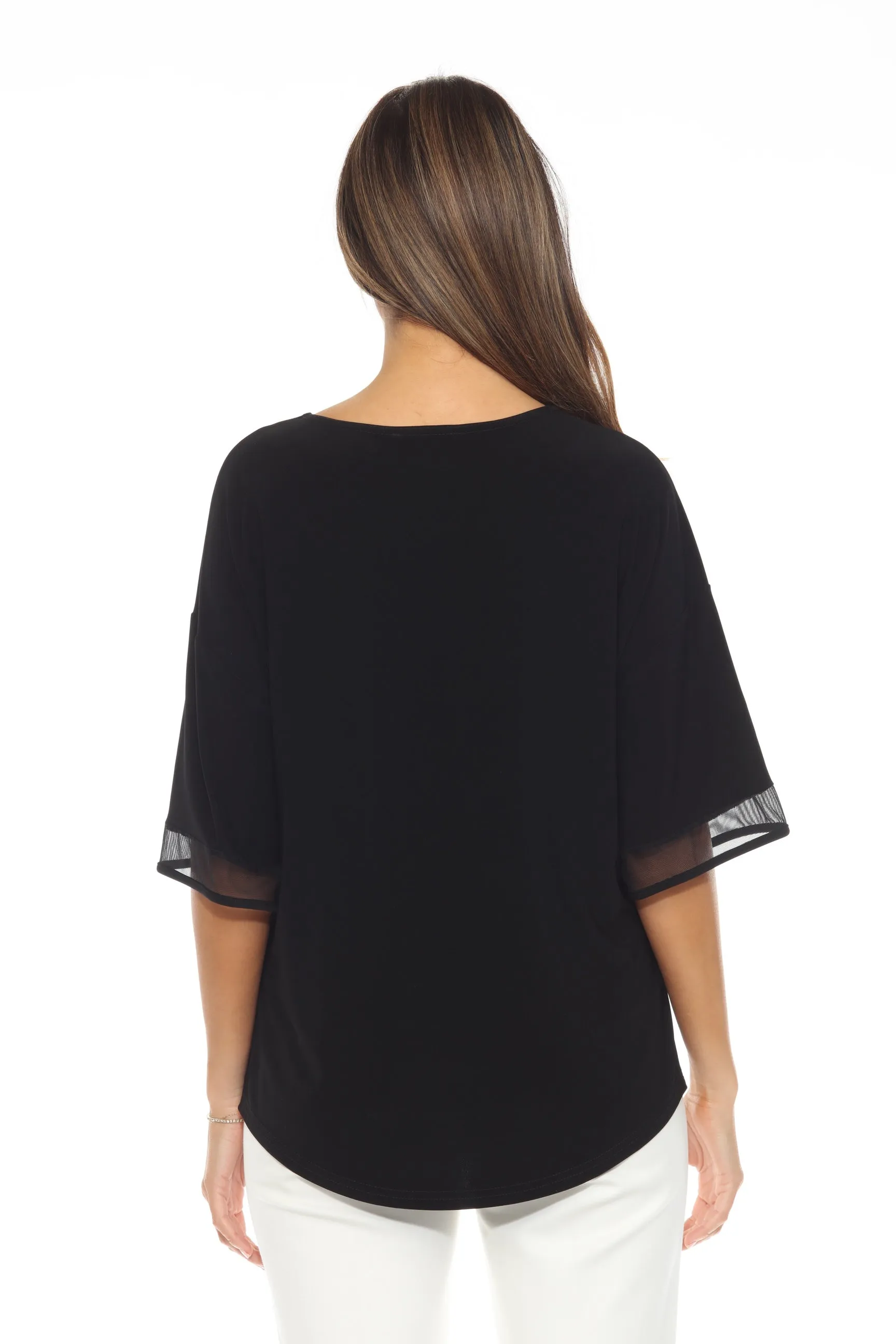 Joseph Ribkoff Black Sheer Sleeve Insert Crew Neck Top 244109