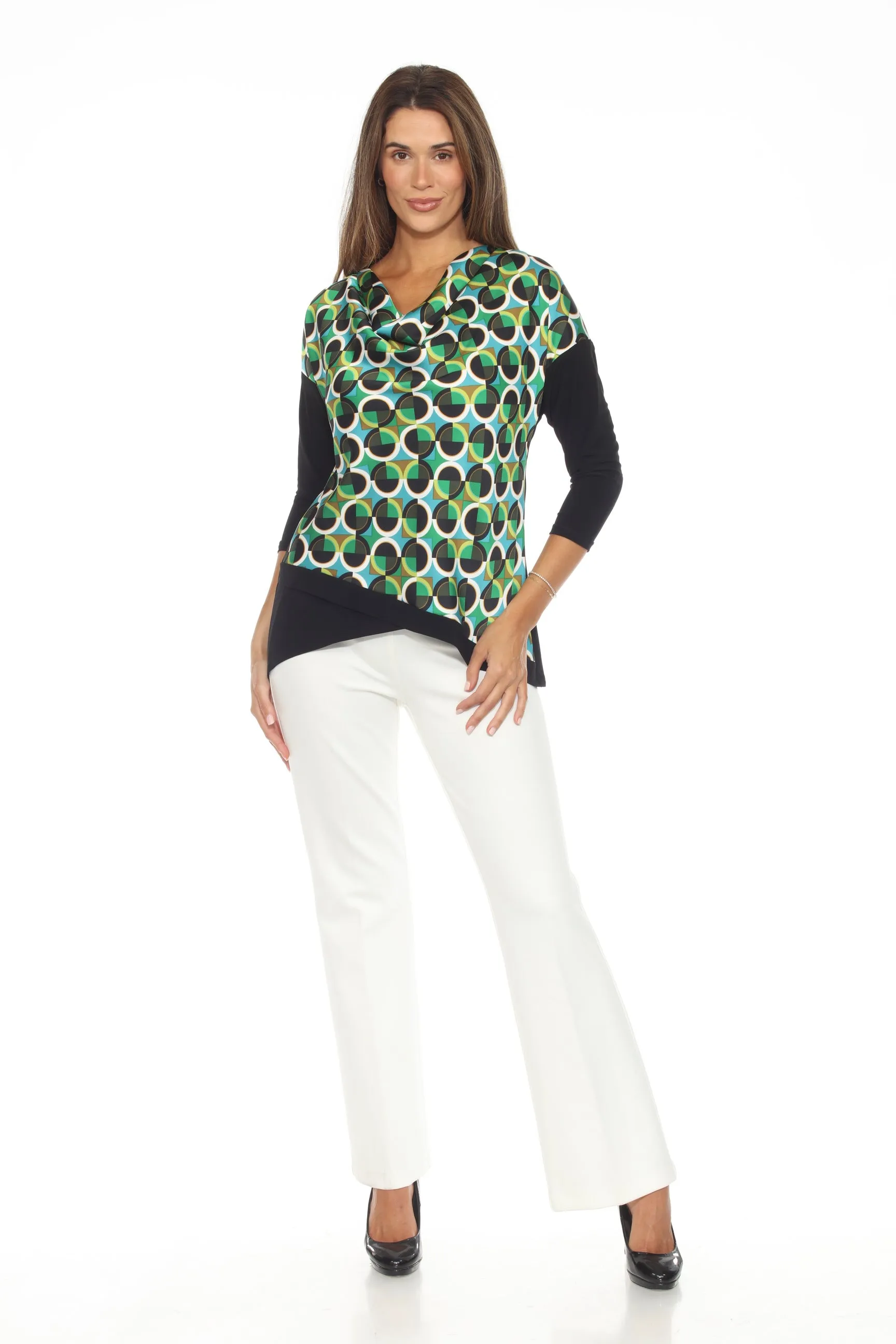 Joseph Ribkoff Black/Multi Retro Geometric Cowl Neck Top 243311