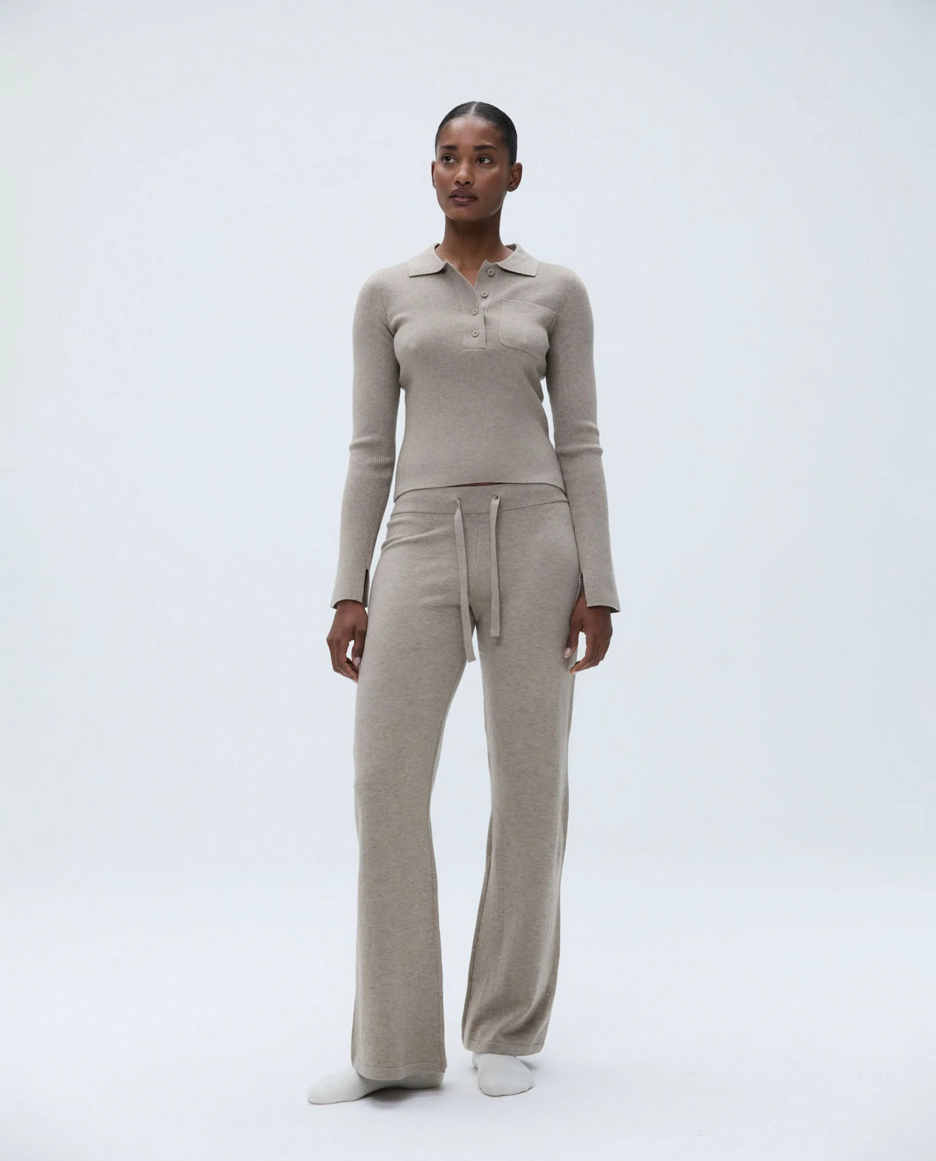 Knit Long Sleeve Button Up Top - Sand