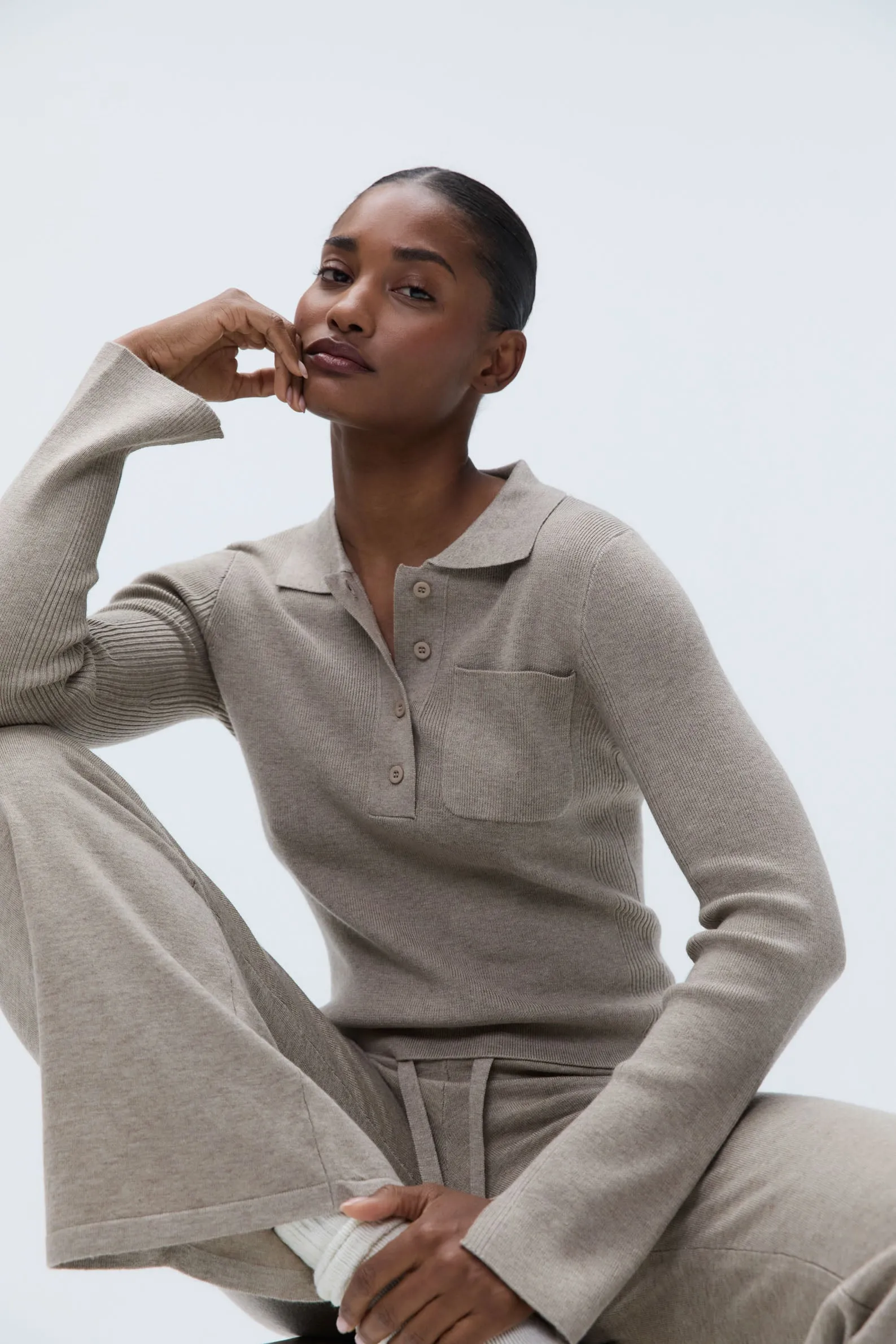Knit Long Sleeve Button Up Top - Sand