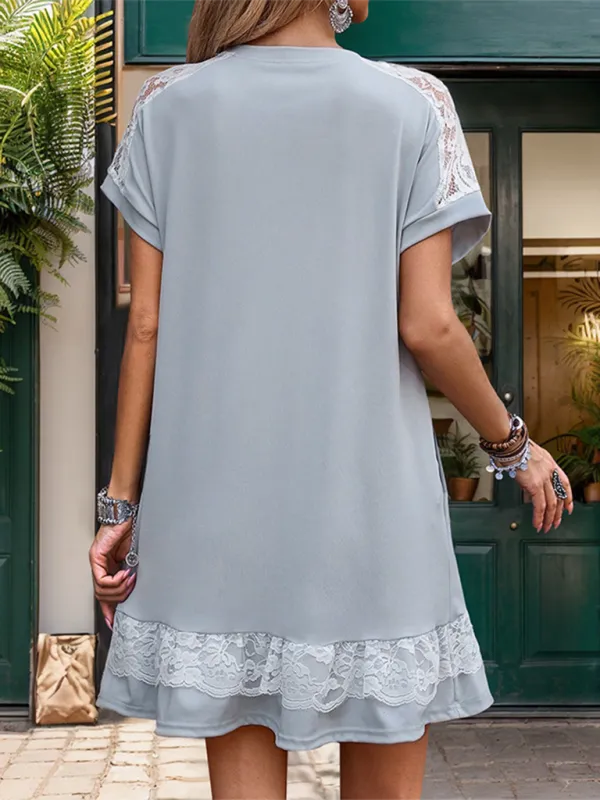 Lace Stitching Mini T-shirt Dress with Solid Design