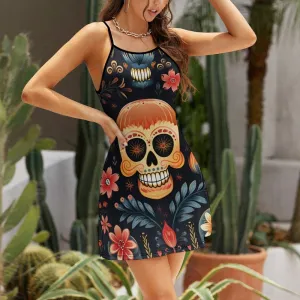 Ladies Floral Skull Blue Leaves Sling Dress
