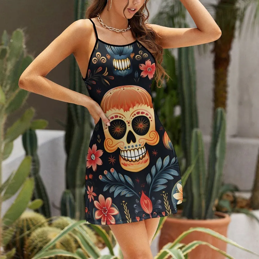 Ladies Floral Skull Blue Leaves Sling Dress