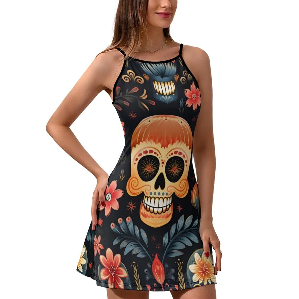 Ladies Floral Skull Blue Leaves Sling Dress