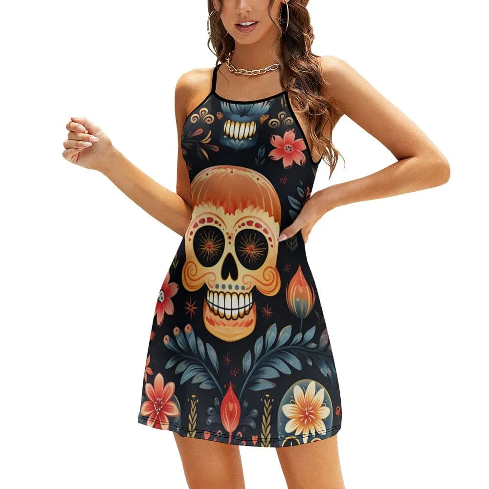 Ladies Floral Skull Blue Leaves Sling Dress