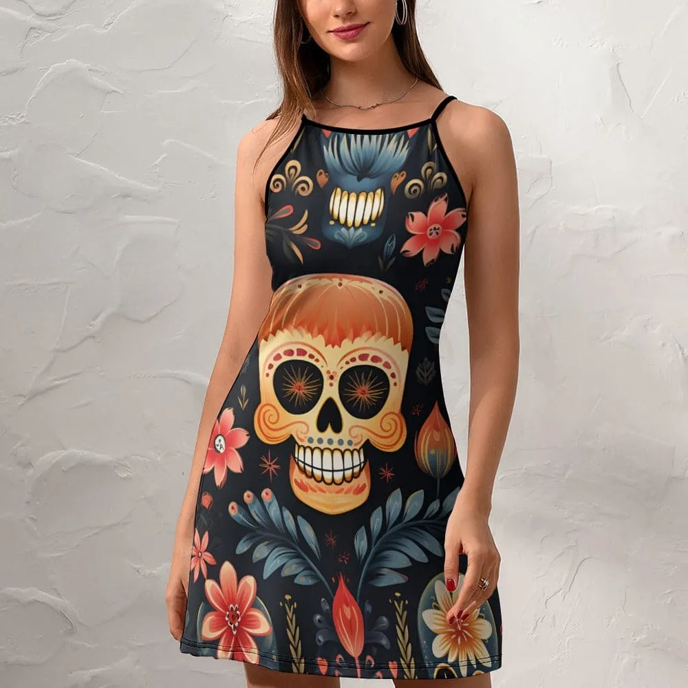 Ladies Floral Skull Blue Leaves Sling Dress