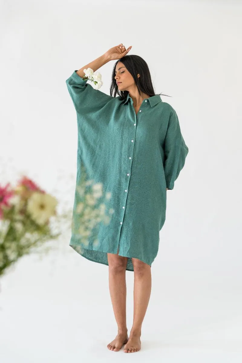 Linen Ferro Shirt Dress-Midnight Green
