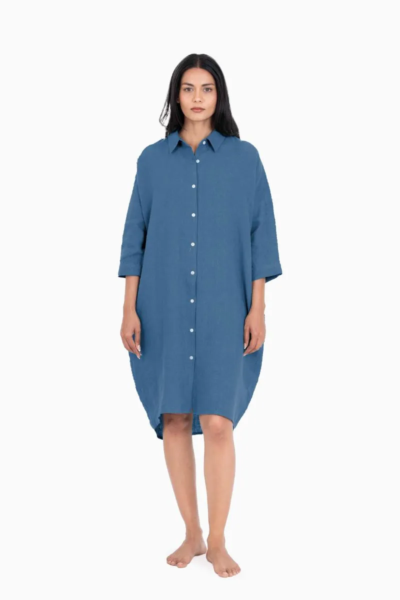 Linen Ferro Shirt Dress-Midnight Green