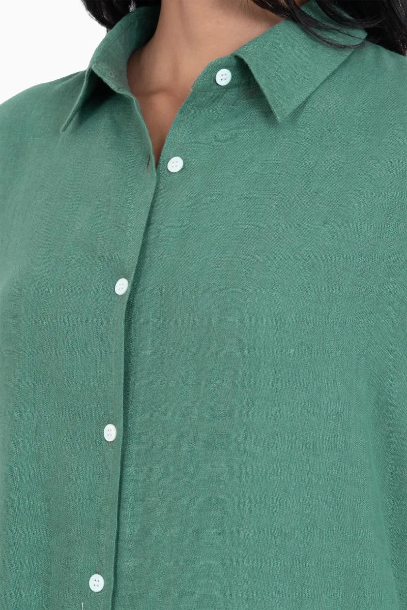 Linen Ferro Shirt Dress-Midnight Green