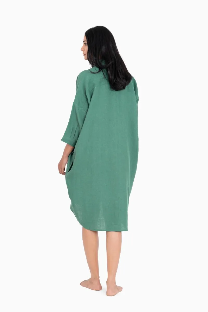 Linen Ferro Shirt Dress-Midnight Green