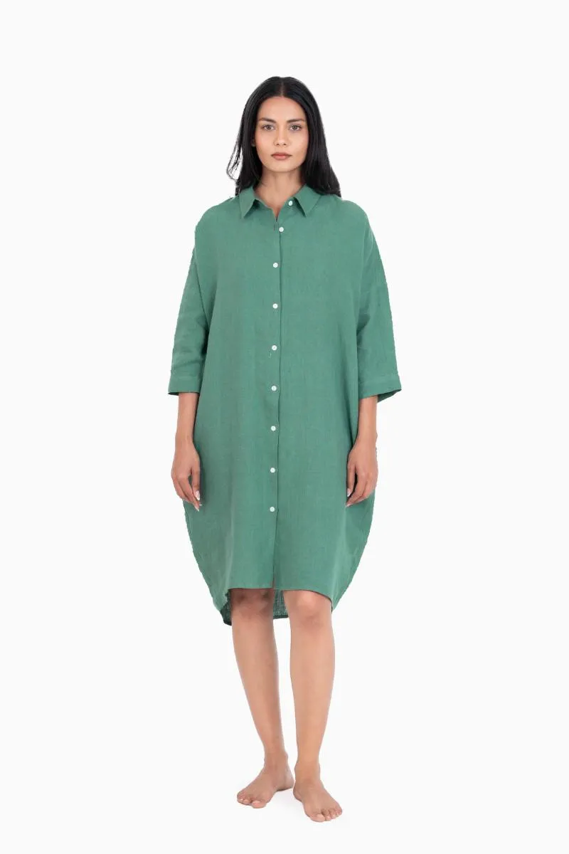 Linen Ferro Shirt Dress-Midnight Green