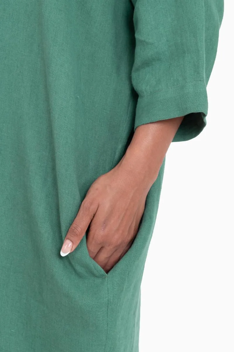 Linen Ferro Shirt Dress-Midnight Green
