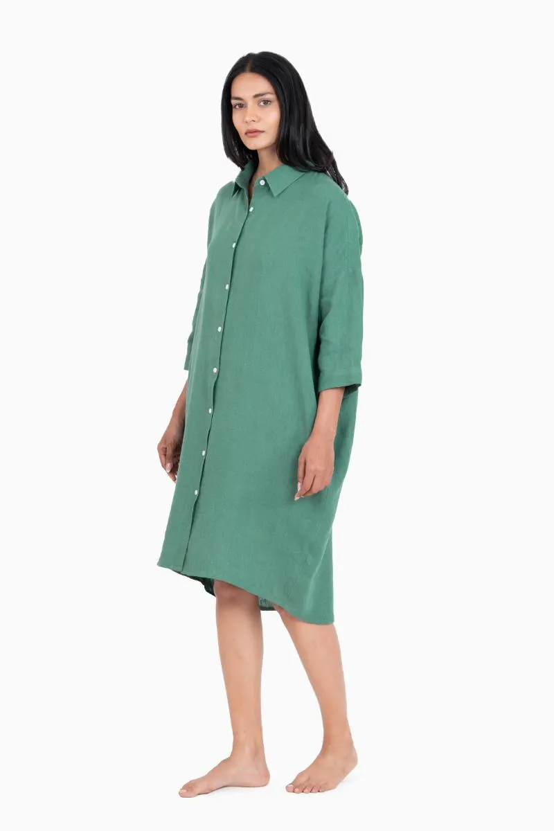 Linen Ferro Shirt Dress-Midnight Green