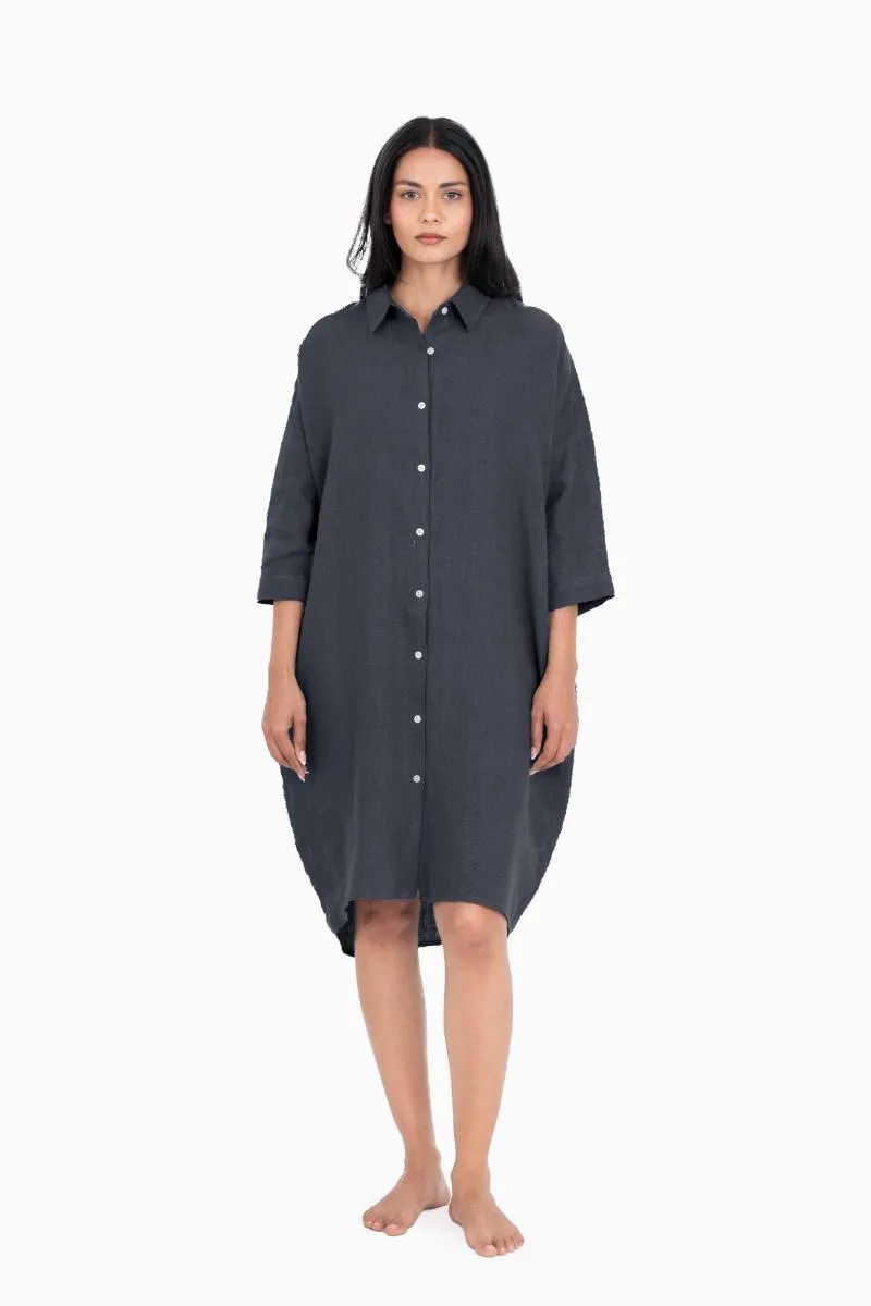 Linen Ferro Shirt Dress-Midnight Green