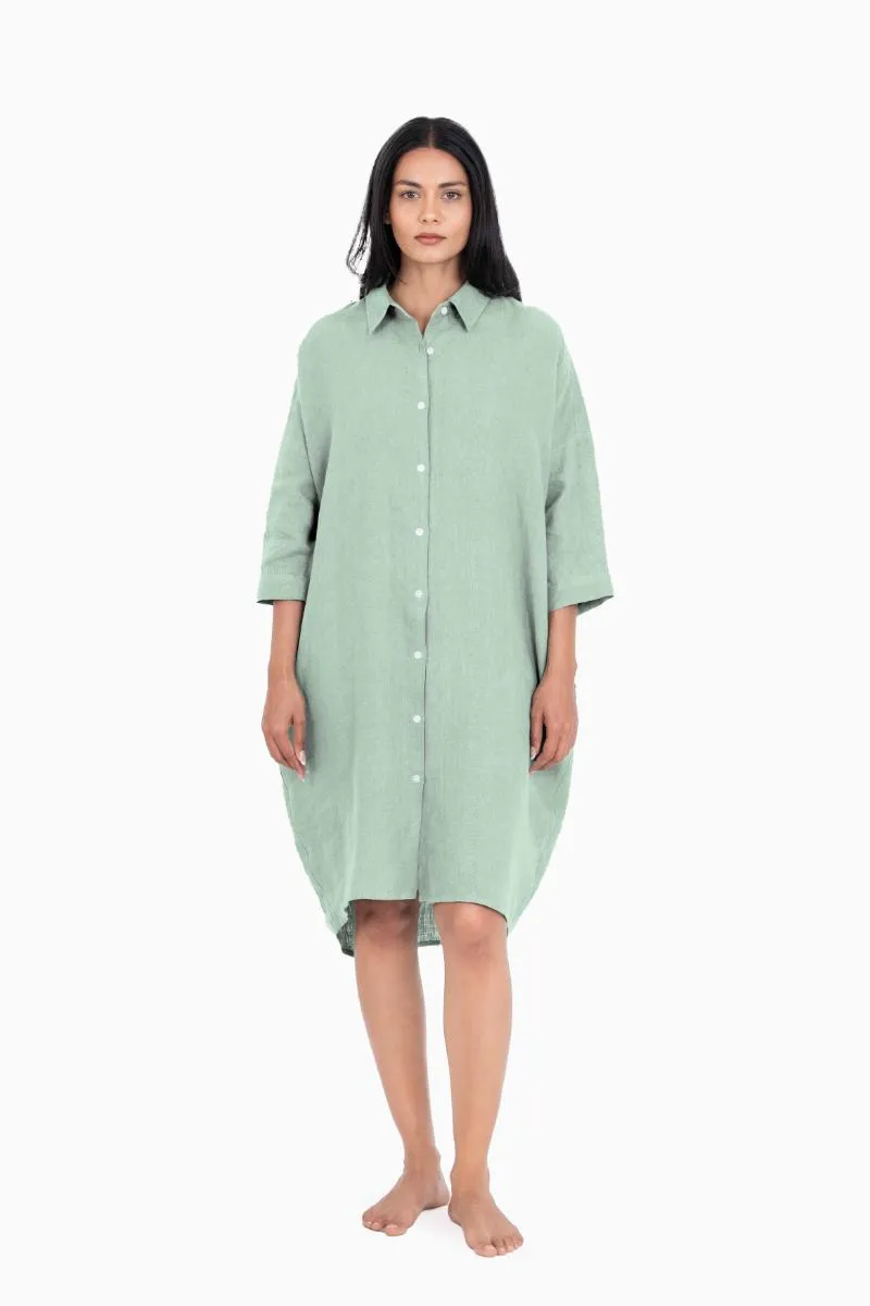 Linen Ferro Shirt Dress-Midnight Green