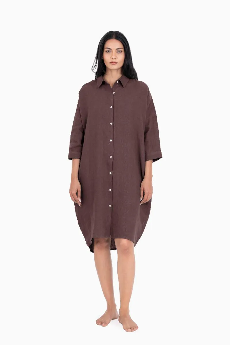 Linen Ferro Shirt Dress-Midnight Green
