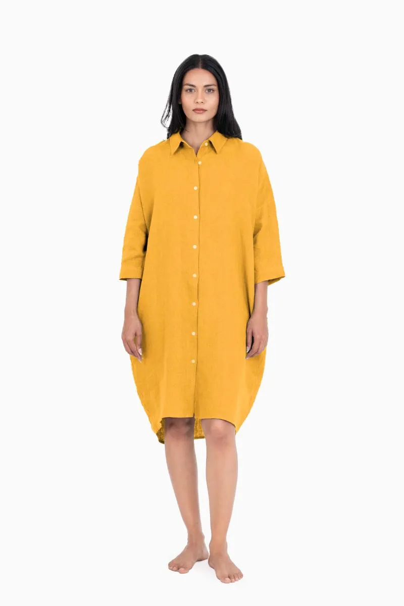 Linen Ferro Shirt Dress-Midnight Green