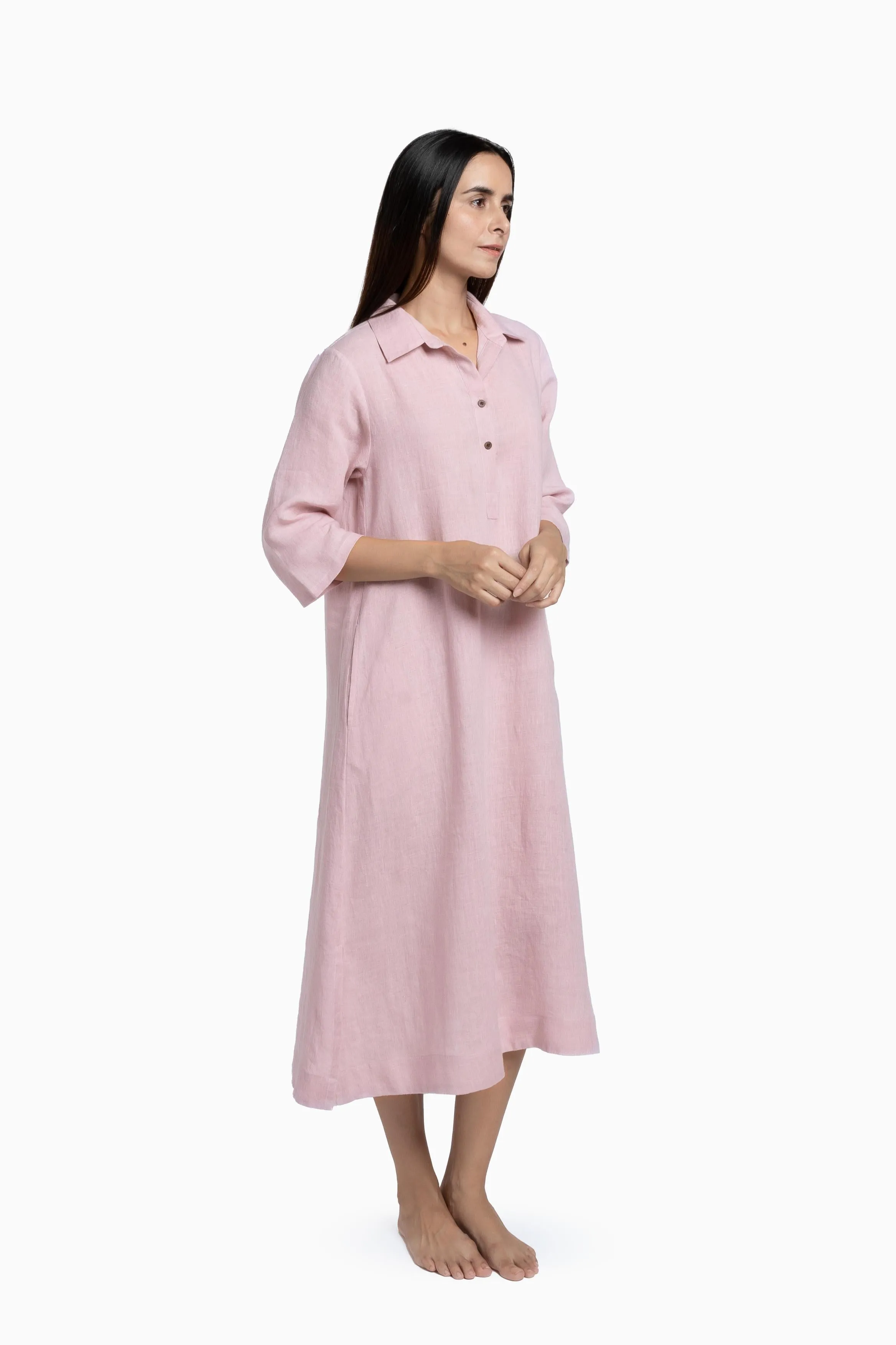 Linen Kira Shirt Dress-Petal Pink