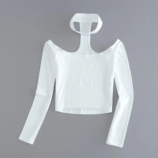 Long Sleeve Crop Top Choker Slash Neck Black Pink Tshirt Women Off The Shoulder Tops For Women Tee Shirt American Apparel
