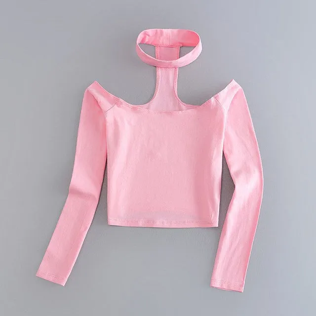 Long Sleeve Crop Top Choker Slash Neck Black Pink Tshirt Women Off The Shoulder Tops For Women Tee Shirt American Apparel