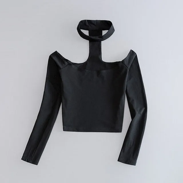 Long Sleeve Crop Top Choker Slash Neck Black Pink Tshirt Women Off The Shoulder Tops For Women Tee Shirt American Apparel