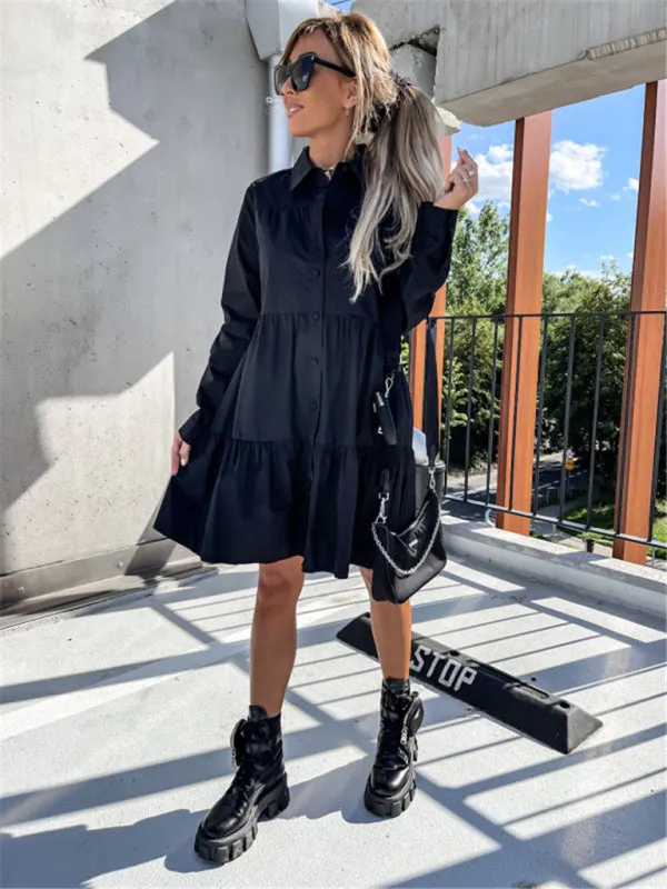 Loose Fit Shirt Midi Dress with Button-Down Front and Tiered Design