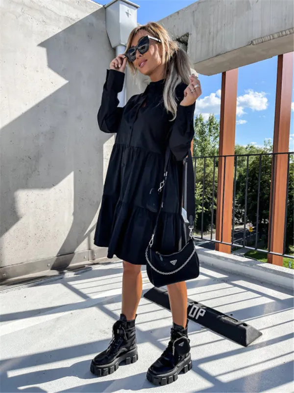 Loose Fit Shirt Midi Dress with Button-Down Front and Tiered Design