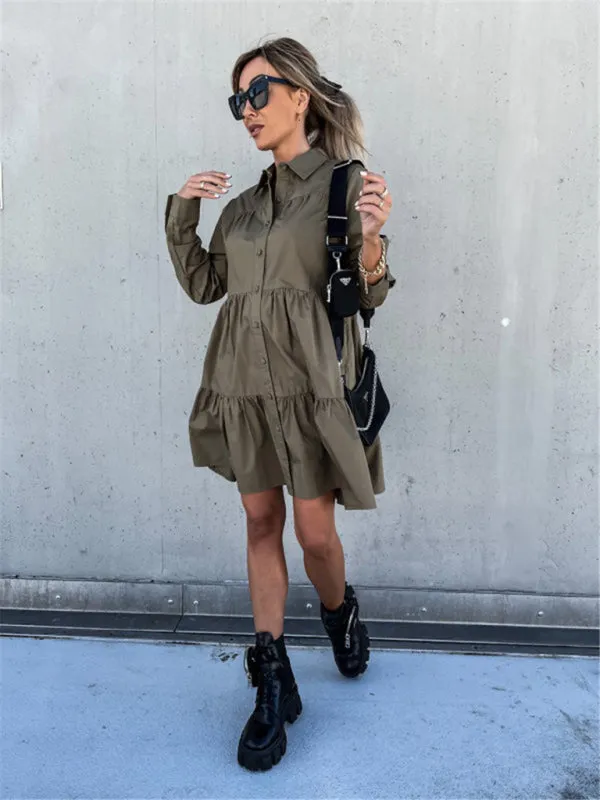 Loose Fit Shirt Midi Dress with Button-Down Front and Tiered Design
