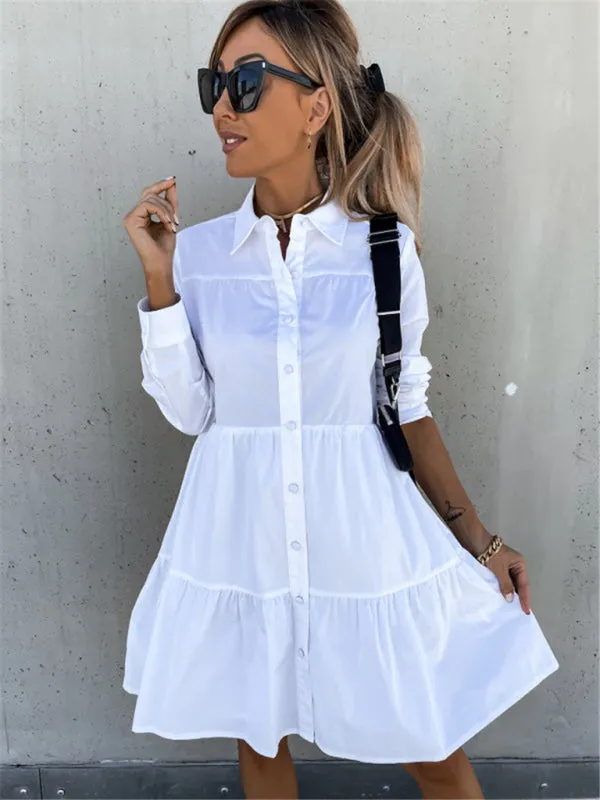 Loose Fit Shirt Midi Dress with Button-Down Front and Tiered Design