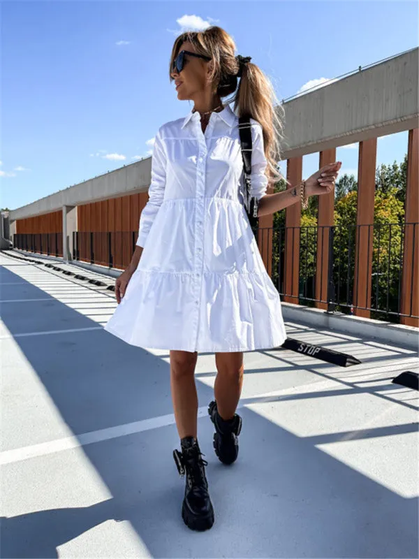 Loose Fit Shirt Midi Dress with Button-Down Front and Tiered Design