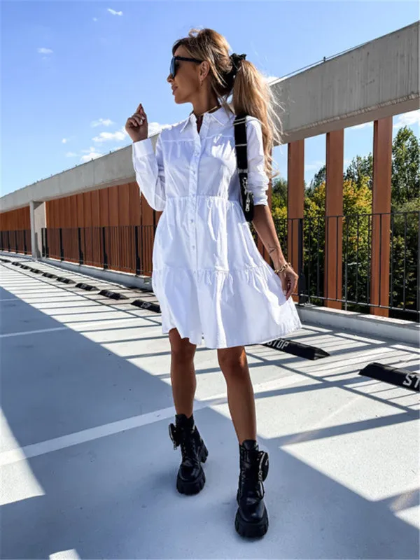 Loose Fit Shirt Midi Dress with Button-Down Front and Tiered Design