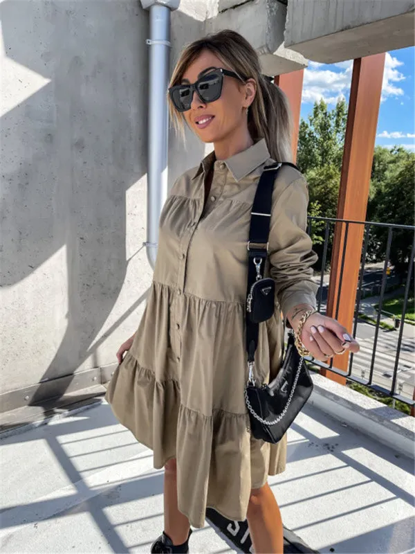 Loose Fit Shirt Midi Dress with Button-Down Front and Tiered Design