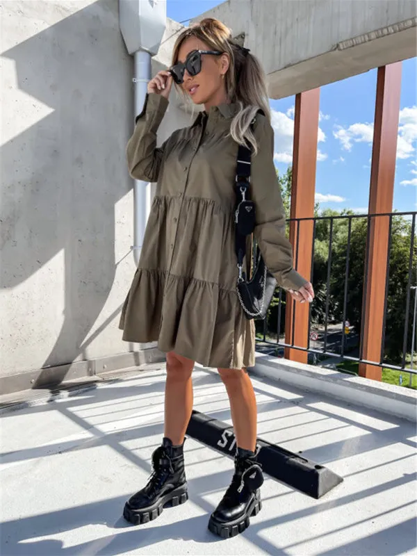 Loose Fit Shirt Midi Dress with Button-Down Front and Tiered Design