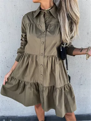 Loose Fit Shirt Midi Dress with Button-Down Front and Tiered Design