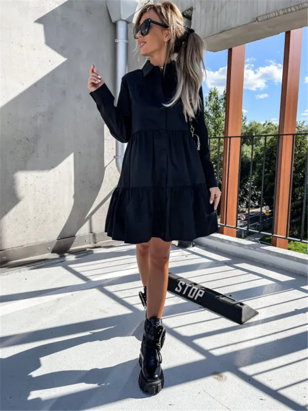 Loose Fit Shirt Midi Dress with Button-Down Front and Tiered Design