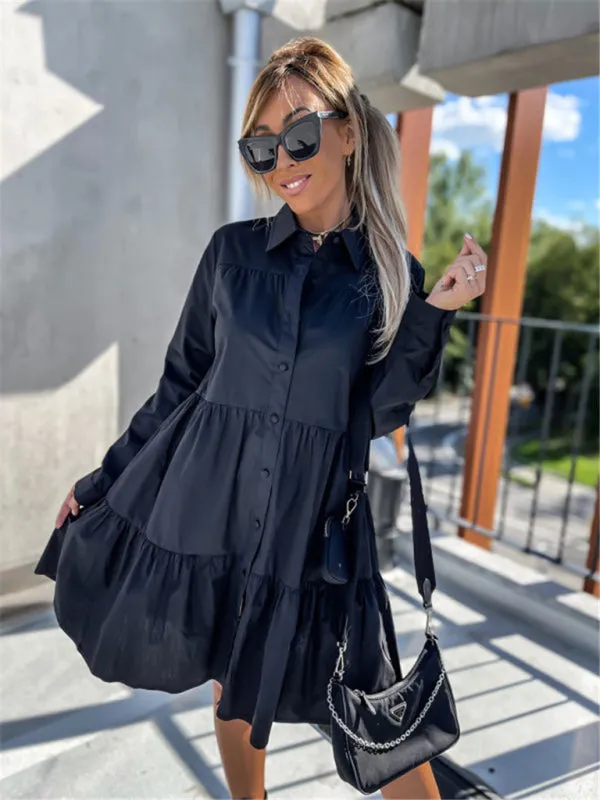 Loose Fit Shirt Midi Dress with Button-Down Front and Tiered Design